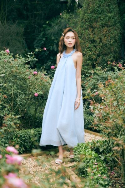  Đầm yếm rút nhún cổ - Xanh biển - D0734 