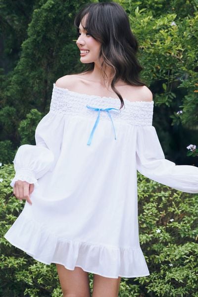  Đầm ngắn trễ vai phối nơ - Trắng - D0738 