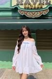  Đầm ngắn trễ vai phối nơ - Trắng - D0738 