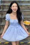  Đầm ngắn kẻ ô smocking - Xanh biển - D0739 