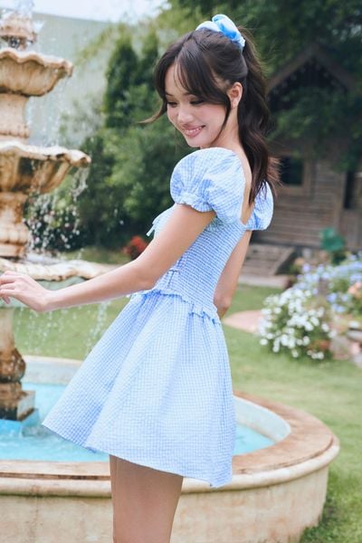  Đầm ngắn kẻ ô smocking - Xanh biển - D0739 