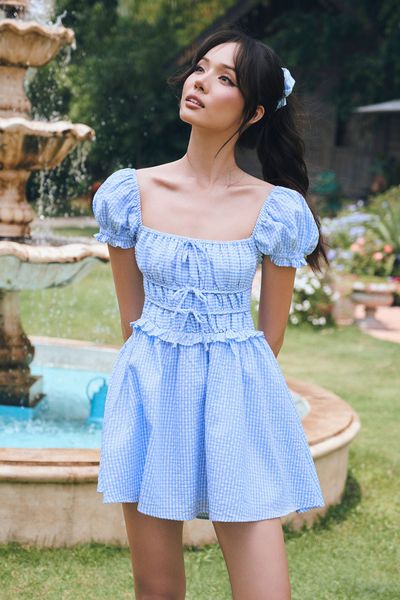 Đầm ngắn kẻ ô smocking - Xanh biển - D0739 