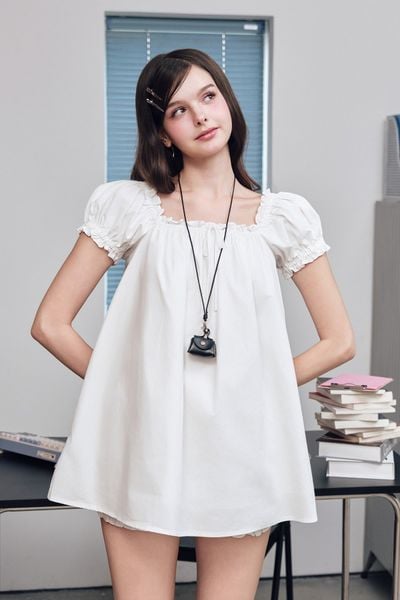  Đầm tay phồng đính nơ - Trắng - D0744 