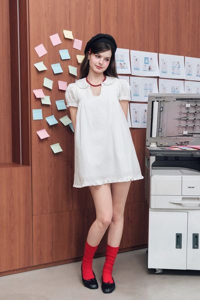  Đầm cổ lá sen tay phồng - Trắng - D0745 