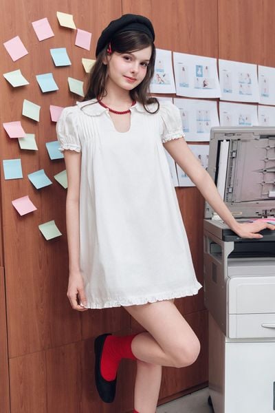  Đầm cổ lá sen tay phồng - Trắng - D0745 
