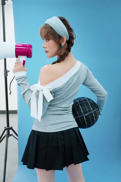  Áo lệch vai phối bản đô - Xám - T1069 