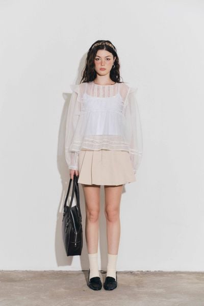  Váy ngắn xếp ly phối vải - Beige - S0294 