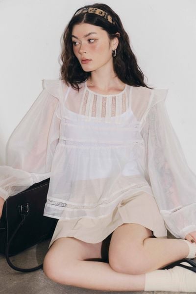  Áo phối đăng ten và ly - Trắng - T1132 