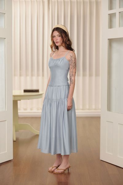  Chân váy midi xếp nhún - Xanh nhạt - S0301 