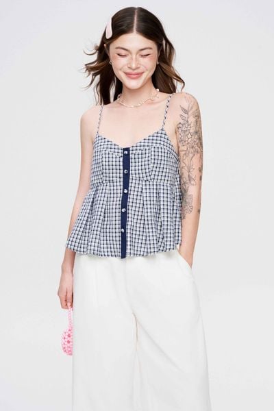  Áo kiểu xếp ly gài nút - Xanh đậm - T1142 