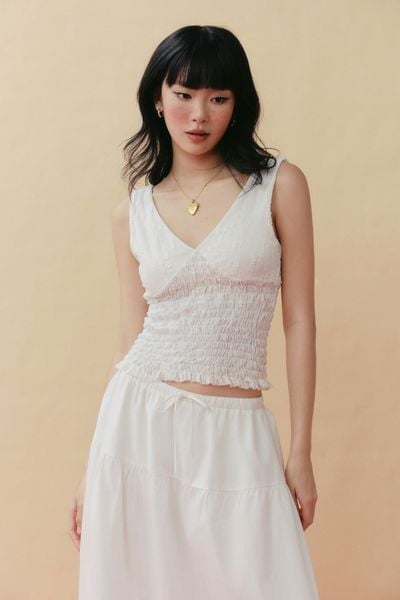  Áo cổ tim smocking - Trắng - T1159 