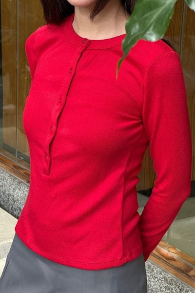  Áo tay dài cổ tròn gài nút - Đỏ - T1162 
