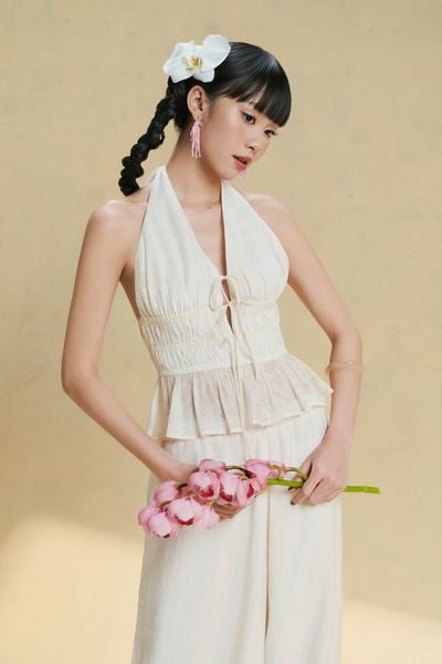  [PRE-ORDER] Áo kiểu hở lưng nhún eo - Trắng kem - T1181 