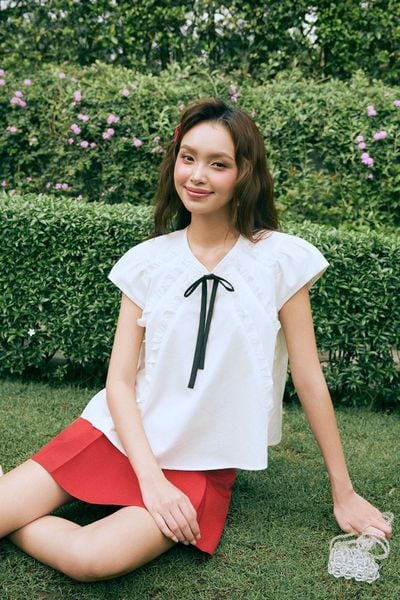  Áo phối bèo tay phồng - Trắng - T1185 