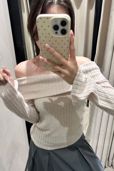  Áo trễ vai vải thun gân - Beige - T1010 