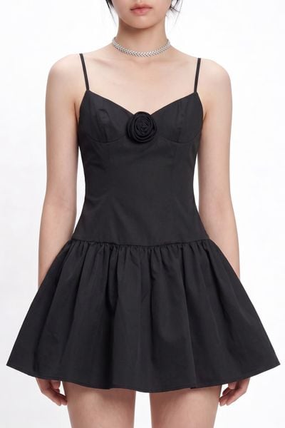  Đầm xòe 2 dây đính hoa - Đen - D0589 
