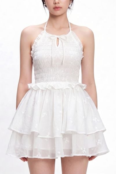  Đầm ngắn tùng xoè cổ yếm - Trắng - D0680 
