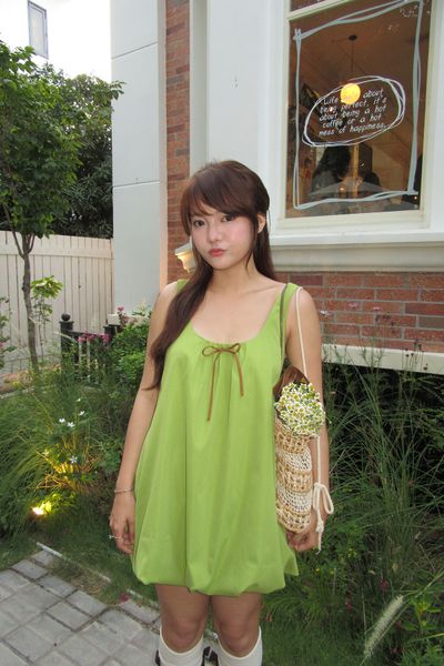 Đầm ngắn dáng bí phối nơ - Xanh - D0722 