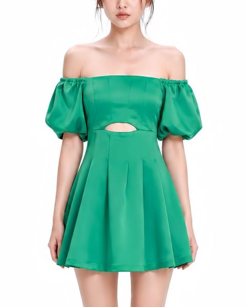  Đầm ngắn cut out tay phồng - Xanh lá - D0449 