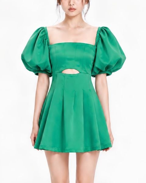  Đầm ngắn cut out tay phồng - Xanh lá - D0449 