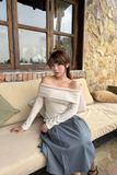  Áo trễ vai vải thun gân - Beige - T1010 