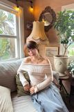  Áo trễ vai vải thun gân - Beige - T1010 