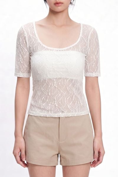  Áo ngắn tay cổ vuông vải ren - Trắng - T0804 