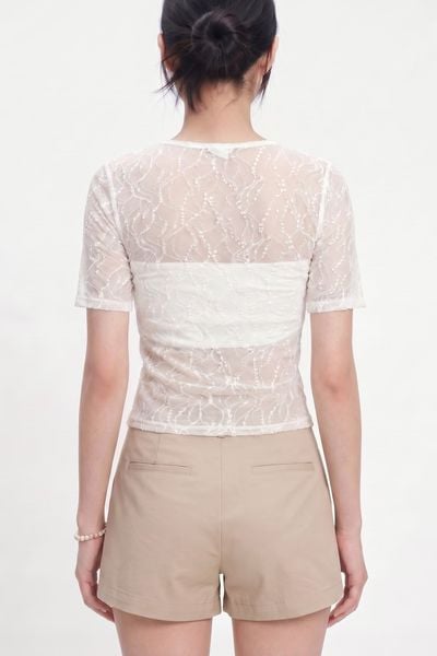  Áo ngắn tay cổ vuông vải ren - Trắng - T0804 