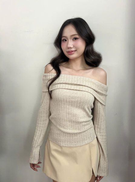  Áo trễ vai vải thun gân - Beige - T1010 