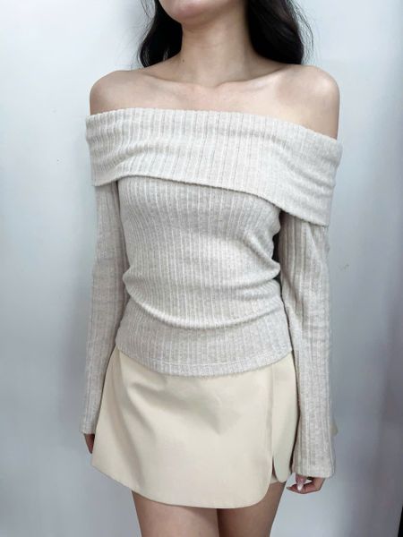  Áo trễ vai vải thun gân - Beige - T1010 