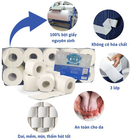 Giấy vệ sinh  cuộn nhỏ TMCARE có lõi 3 lớp mịn mã TMSL-3L