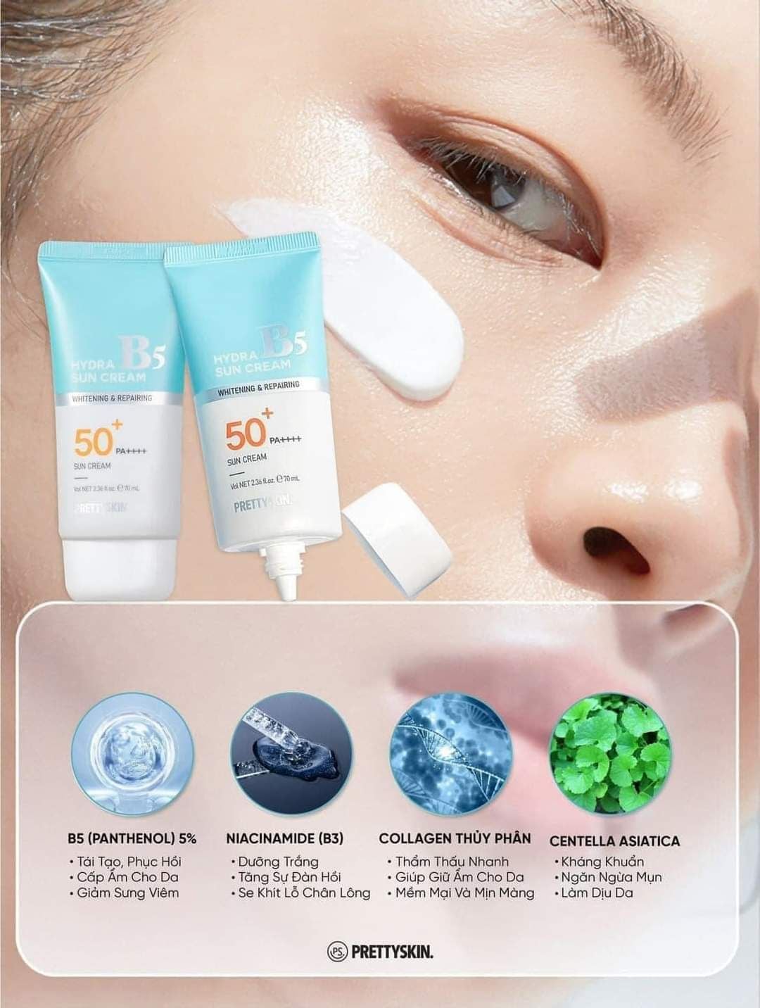 Kem Chống Nắng Phổ Rộng, Phục Hồi Da PrettySkin Hydra B5 Exosome Treatment Sun Cream SPF50+ PA++++ 50ml 