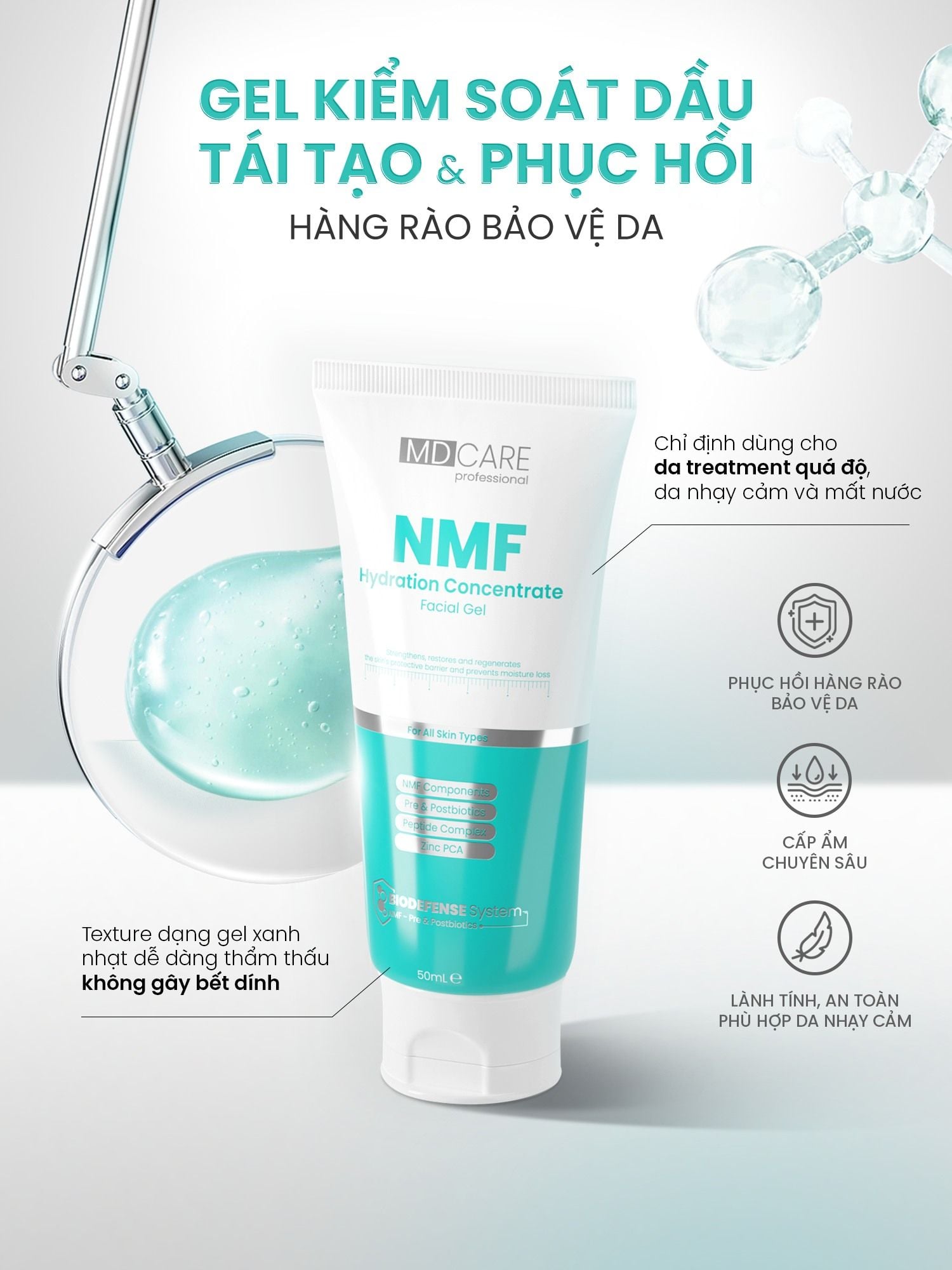  (TẶNG KÈM 1 MIẾNG MẶT NẠ MD CARE) Kem Dưỡng Kiềm Dầu, Tái Tạo Da MD CARE NMF Hydration Concentrate Facial Gel 50ml 