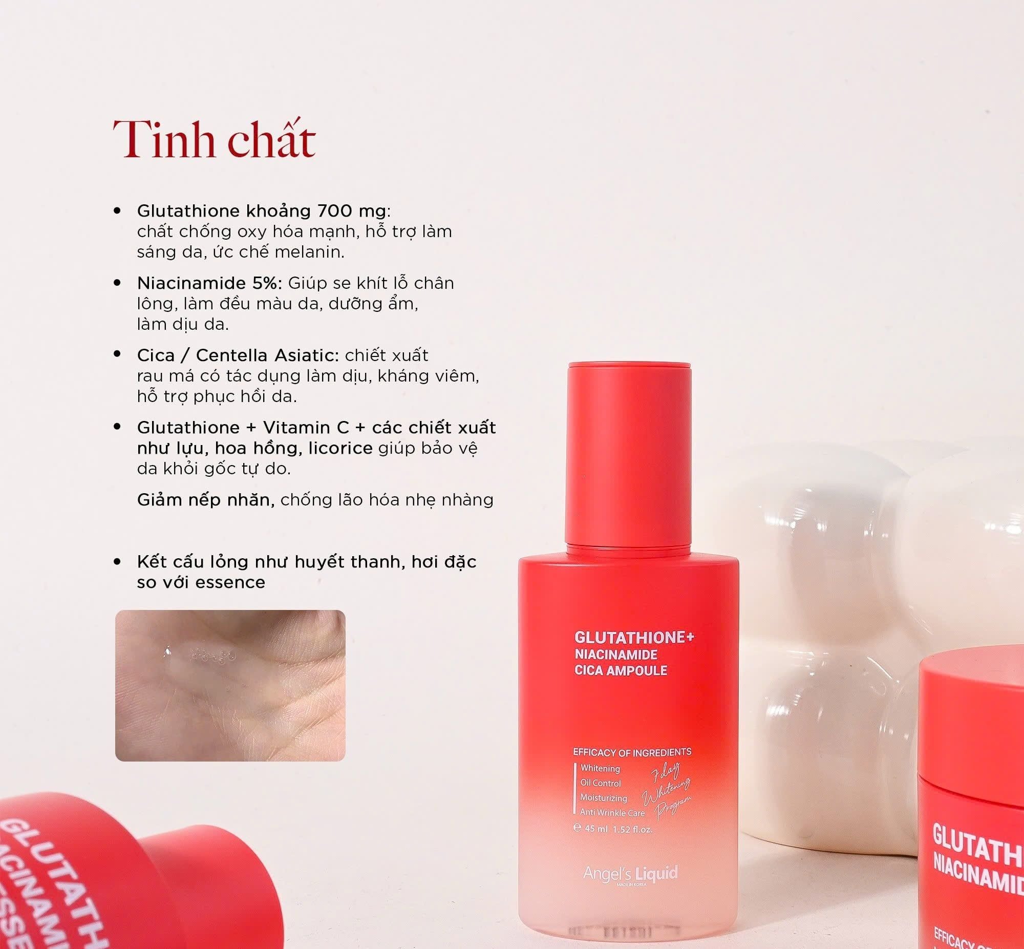  Tinh Chất Dưỡng Trắng, Kiềm Dầu Angel's Liquid Glutathione+ Niacinamide Cica Ampoule 45ml (Bản Đỏ) 