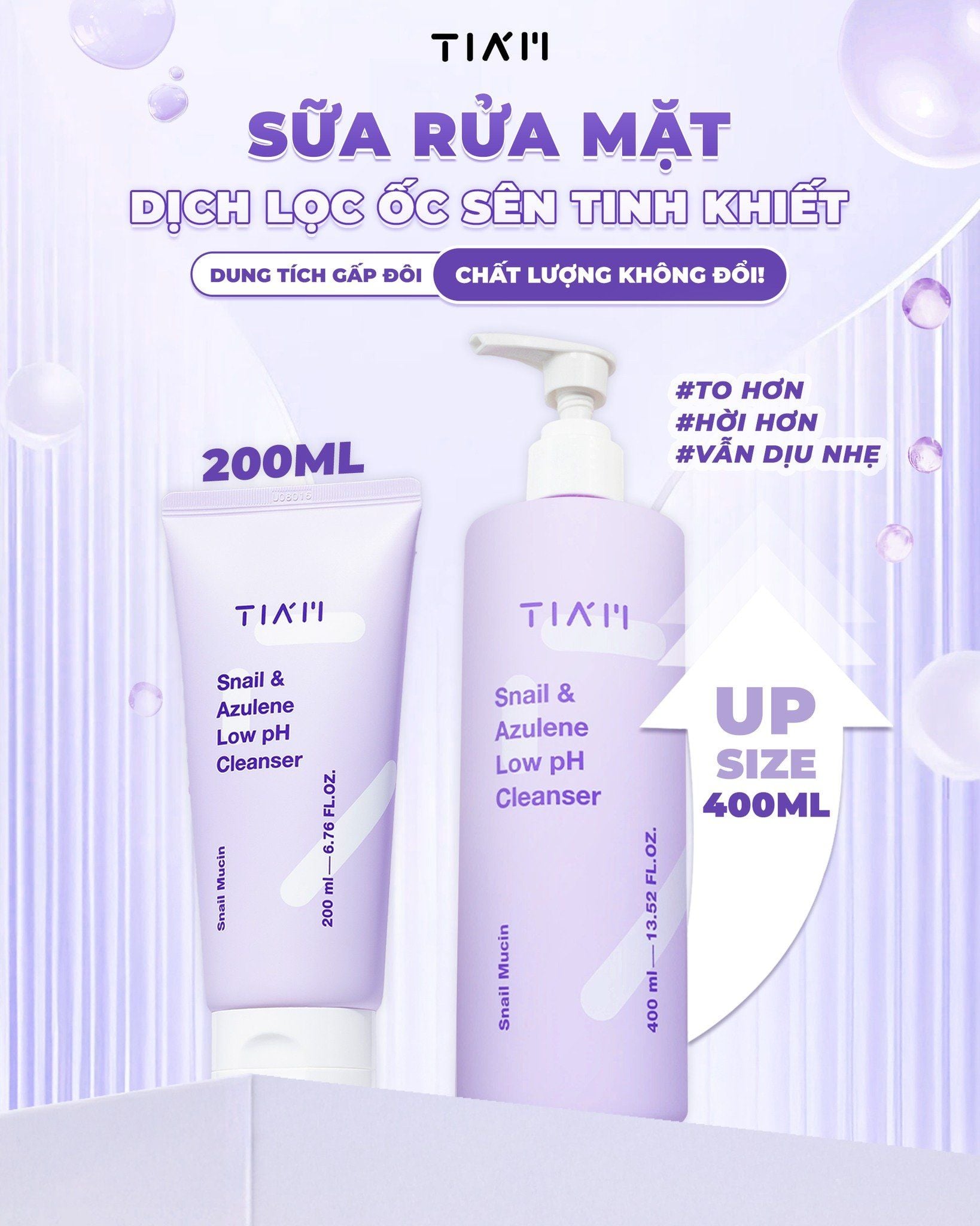  Sữa Rửa Mặt Làm Dịu, Phục Hồi Tiam Snail & Azulene Low PH Cleanser 200ml/ 400ml 