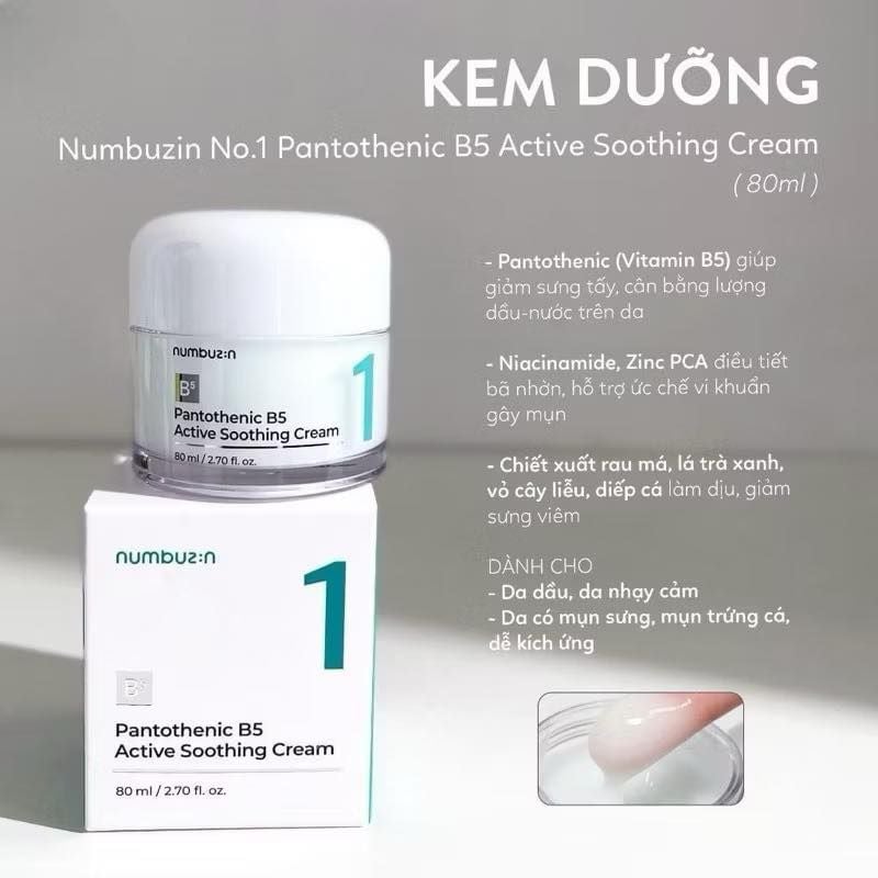  Kem Dưỡng ẩm, Giảm Dầu Mụn Numbuzin No.1 Pantothenic B5 Active Soothing Cream 80ml 