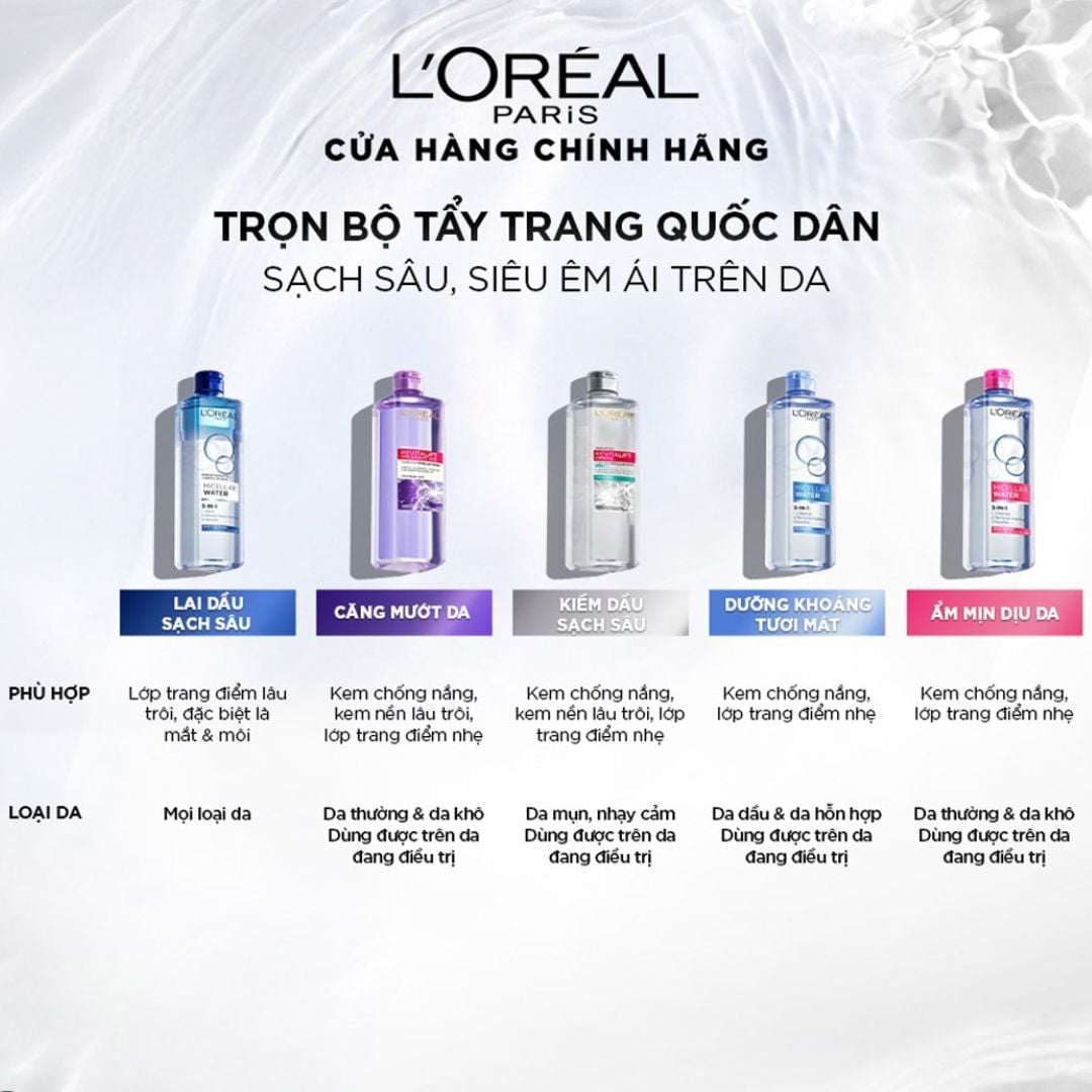  Nước Tẩy Trang Sạch Sâu L'Oréal Micellar Water 3-IN-1 ( 5 dòng) 