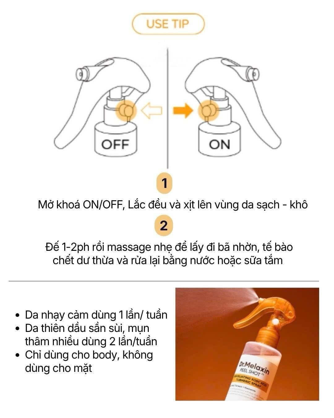 Dung Dịch Xịt Tẩy Tế Bào Chết Cơ Thể Dr.Melaxin Peel Shot Exfoliating Kojic Acid Turmeric Spray 200ml 