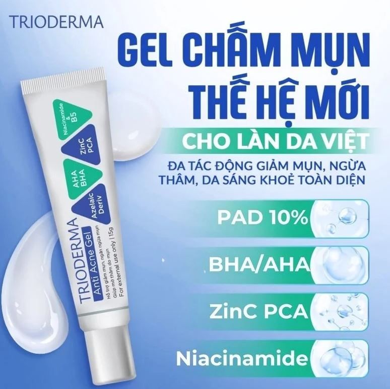  (XANH) Gel ngừa mụn, giảm thâm Trioderma Anti Acne Gel 15g 