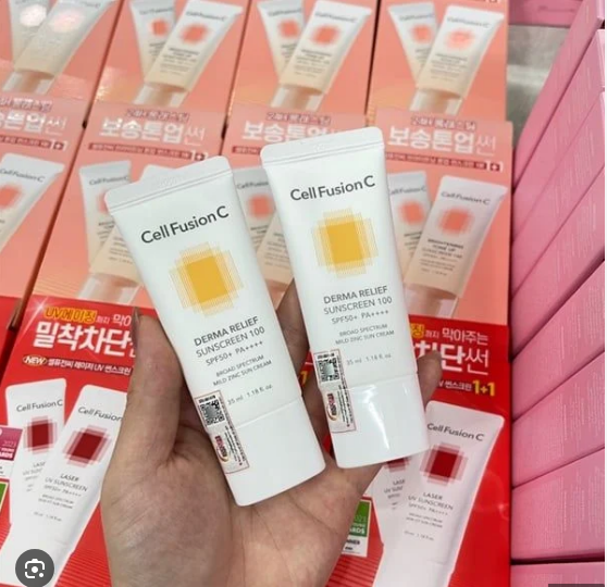  Kem chống nắng vật lý Cell Fusion C Derma Relief Sunscreen 100 SPF50+/PA++++ (Vàng mới) 