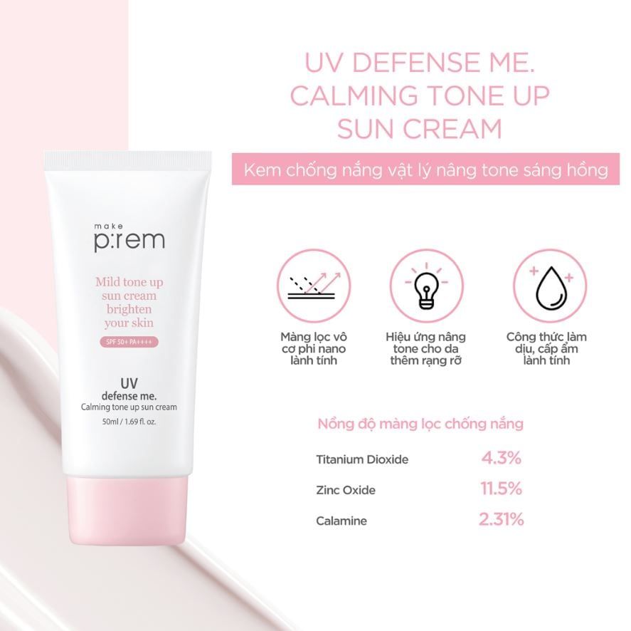  Kem Chống Nắng Vật Lý, Nâng Tone Make P:rem UV Defense Me Calming Tone Up Sun Cream SPF50+ PA++++ 50ml 