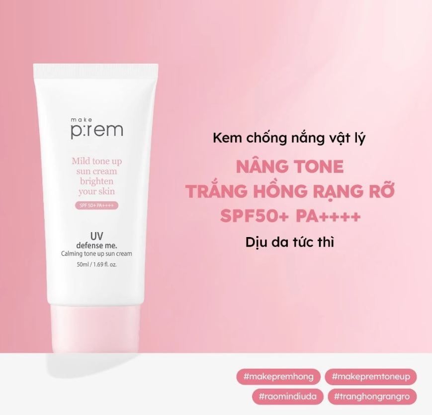  Kem Chống Nắng Vật Lý, Nâng Tone Make P:rem UV Defense Me Calming Tone Up Sun Cream SPF50+ PA++++ 50ml 
