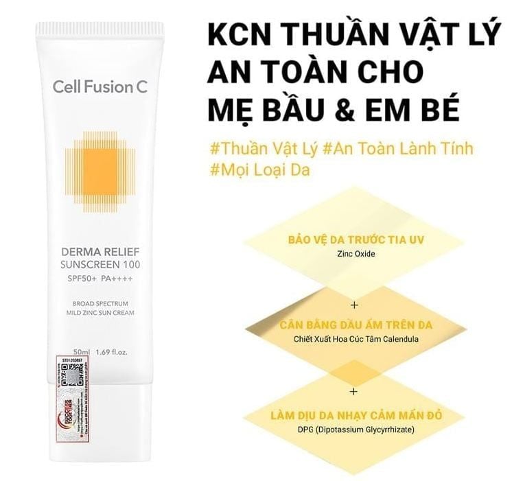  Kem chống nắng vật lý Cell Fusion C Derma Relief Sunscreen 100 SPF50+/PA++++ (Vàng mới) 