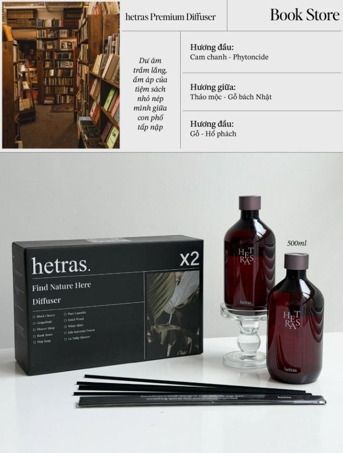  Bộ Tinh Dầu Nước Hoa Khuếch Tán Hương Thơm Hetras Premium Diffuser 500ml - Objet Diffuser 200ml 