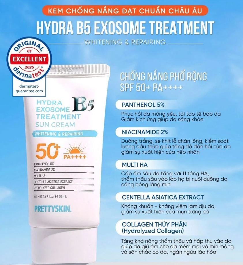  Kem Chống Nắng Phổ Rộng, Phục Hồi Da PrettySkin Hydra B5 Exosome Treatment Sun Cream SPF50+ PA++++ 50ml 