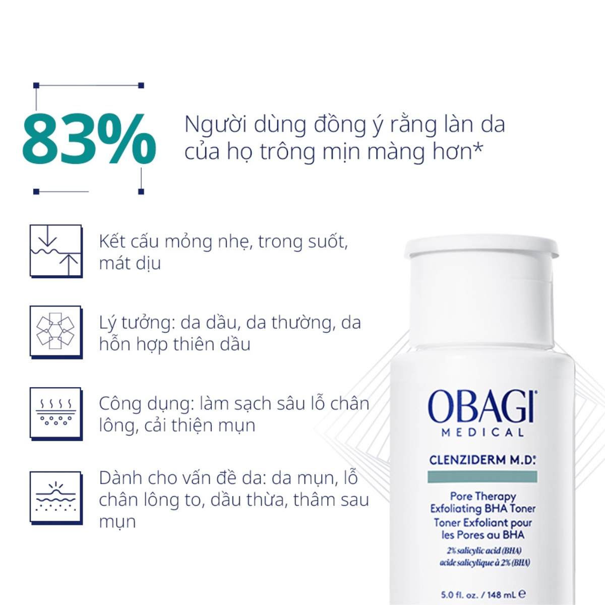  Nước hoa hồng Obagi Clenziderm M.D Pore Therapy Exfoliating BHA Toner 148ml 