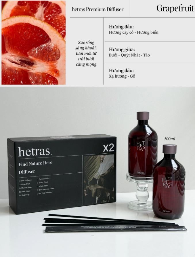  Bộ Tinh Dầu Nước Hoa Khuếch Tán Hương Thơm Hetras Premium Diffuser 500ml - Objet Diffuser 200ml 