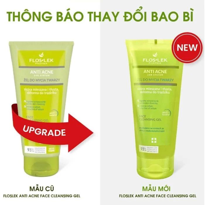  Sữa rửa mặt dạng gel cho da dầu mụn Floslek Anti Acne 24h System Face Cleansing Gel 200ml 
