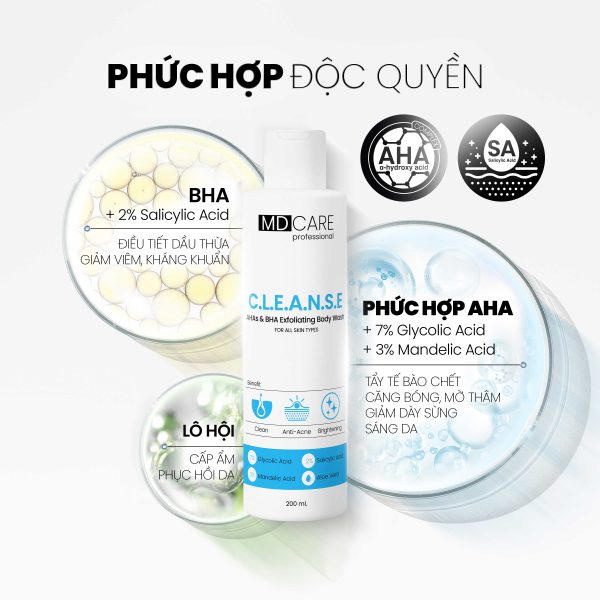  Sữa Tắm Giảm Mụn, Tẩy Tế Bào Chết MD CARE AHA & BHA Exfoliating Body Wash 200ml 