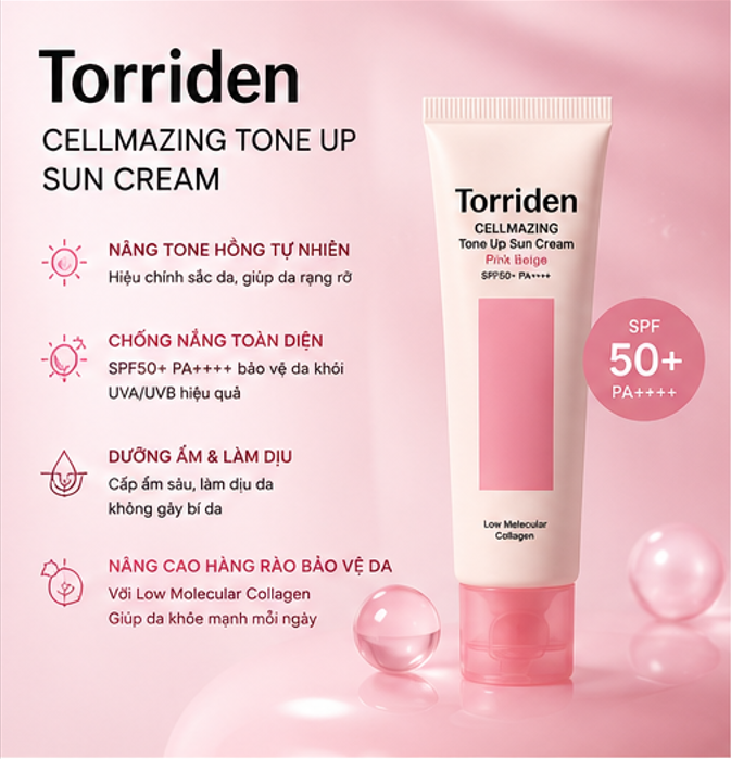 Kem Chống Nắng Torriden Cellmazing Tone Up Sun Cream PINK BEIGE SPF50+ PA++++ 60ml 